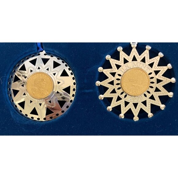 2000 Lmtd edition 2 US Mint Christmas Ornaments Trade Silver Sacagawea Sunburst - Picture 1 of 6